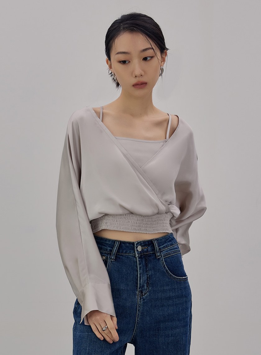 假兩件式光澤交叉上衣